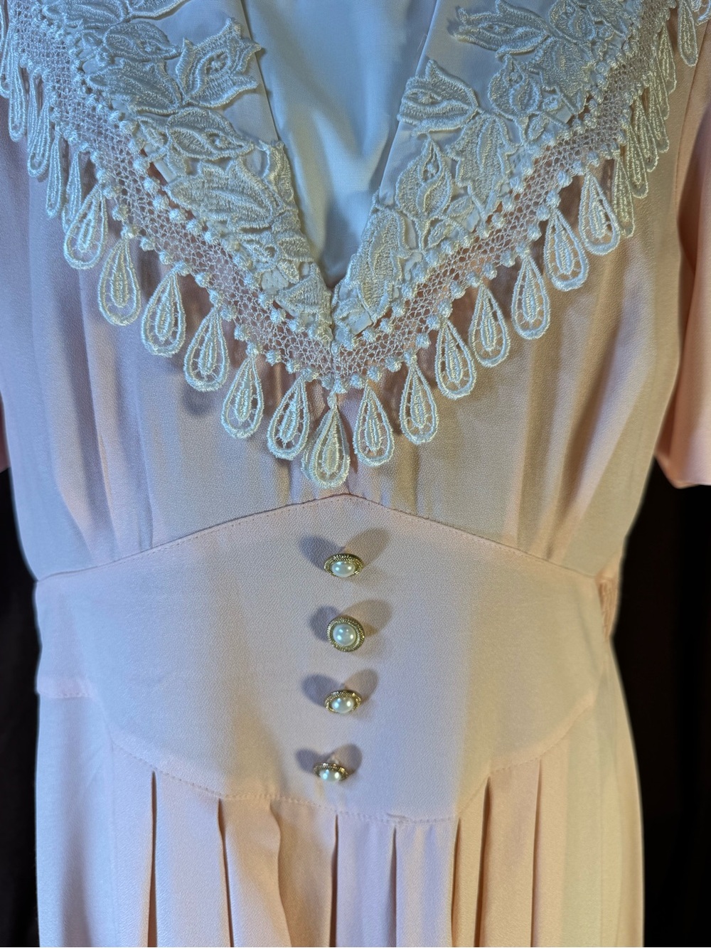 Vintage Pastel Pink Pearl Button Front Midi Dress, 1970s/ 1980s, size 12 - Picture 3 of 16